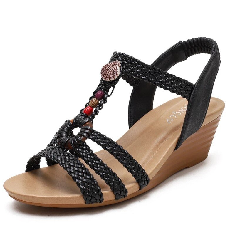 MVVJKE Braided Beaded Elastic Ankle Strap Wedge Sandal Shoes - My She Shop