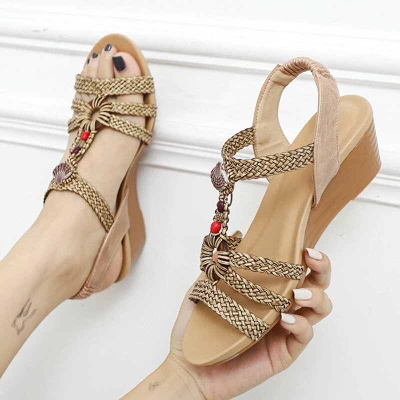 MVVJKE Braided Beaded Elastic Ankle Strap Wedge Sandal Shoes - My She Shop