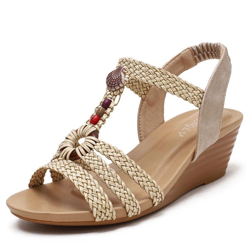 MVVJKE Braided Beaded Elastic Ankle Strap Wedge Sandal Shoes - My She Shop