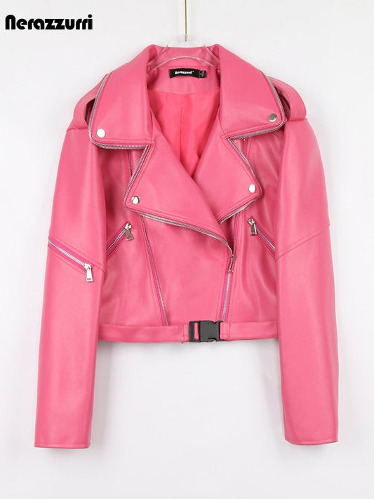NERAZZURRI Short Faux Leather with Rivets Buttons Zippers Biker Jacket - My She Shop