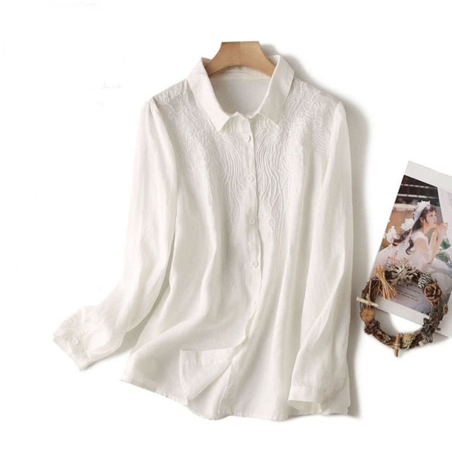 NEVETTLE 100% Cotton Embroidery Button Down Cute Collar Long Sleeve Top - My She Shop