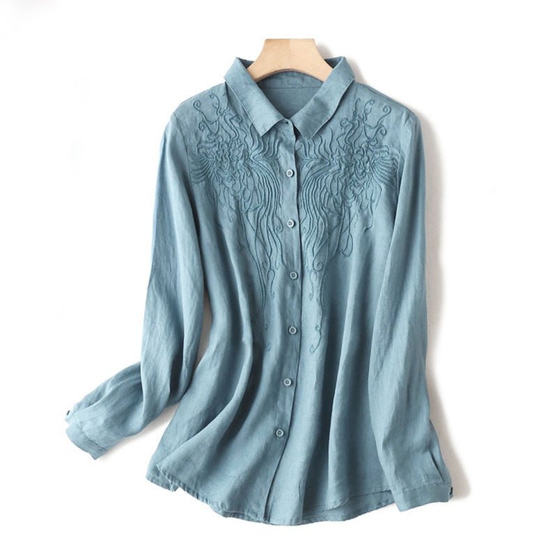 NEVETTLE 100% Cotton Embroidery Button Down Cute Collar Long Sleeve Top - My She Shop