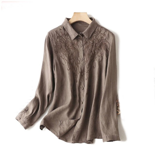 NEVETTLE 100% Cotton Embroidery Button Down Cute Collar Long Sleeve Top - My She Shop