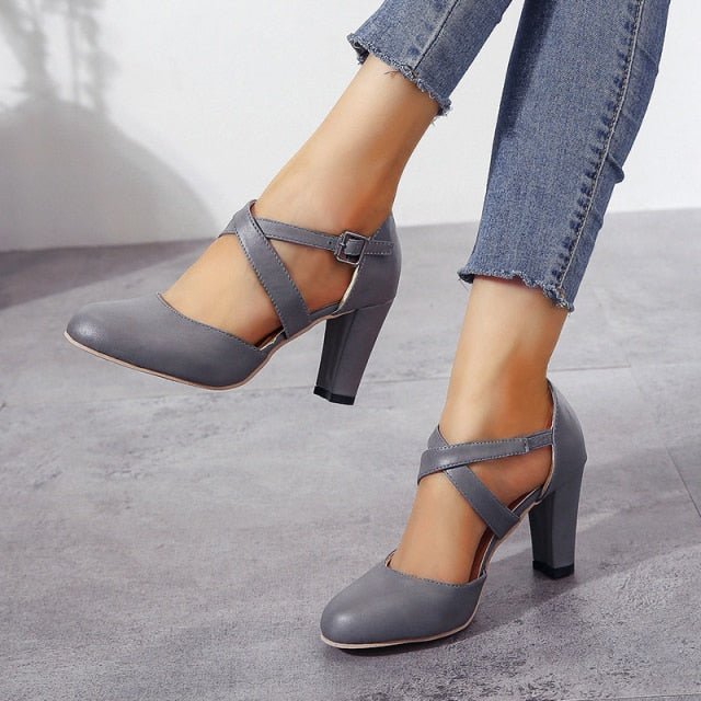 NKADQD Faux Leather Classic Round Toe Buckle Strap Pumps - My She Shop