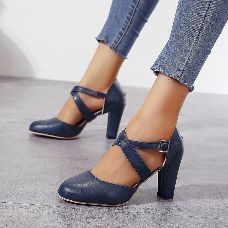 NKADQD Faux Leather Classic Round Toe Buckle Strap Pumps - My She Shop