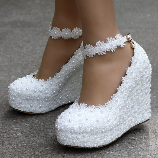 NKADQD Wedges Sweet Flower Lace Pearl Platform Heels - My She Shop