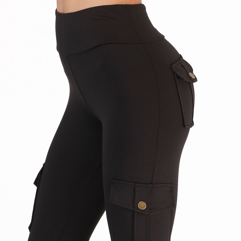 NORMOV High Waist Pocket Slim Poly-Cotton-Spandex Cargo Pants - My She Shop