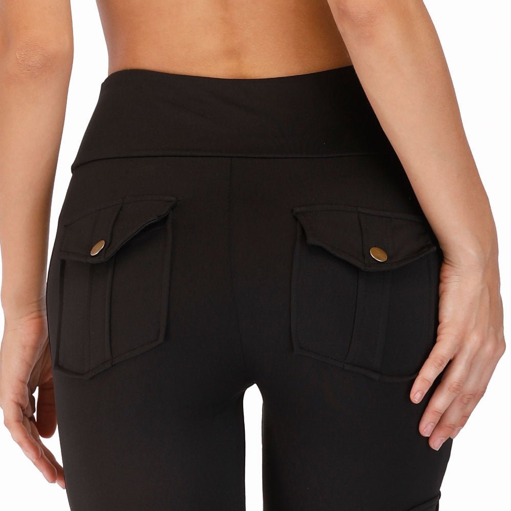 NORMOV High Waist Pocket Slim Poly-Cotton-Spandex Cargo Pants - My She Shop