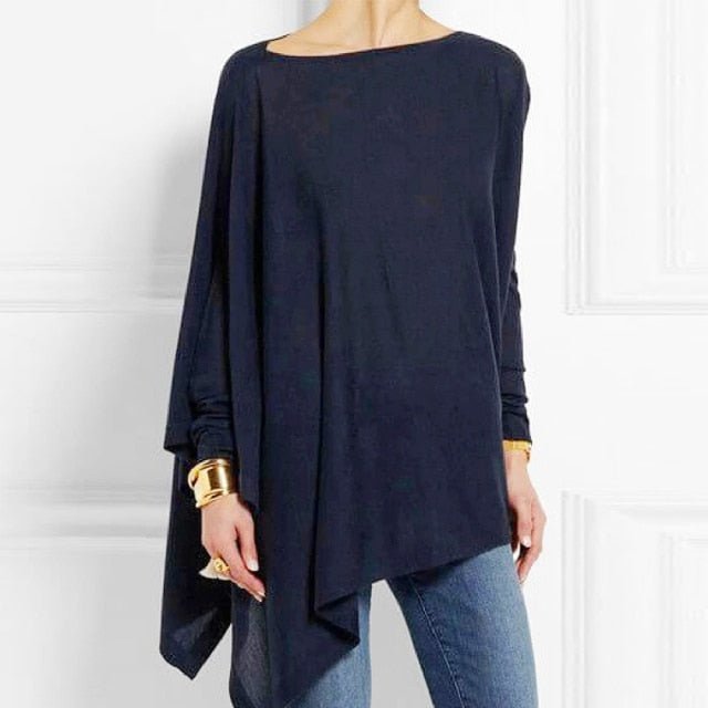 O-Neck Asymmetrical Long Sleeve Cotton-Poly Blend Tunic Top - My She Shop