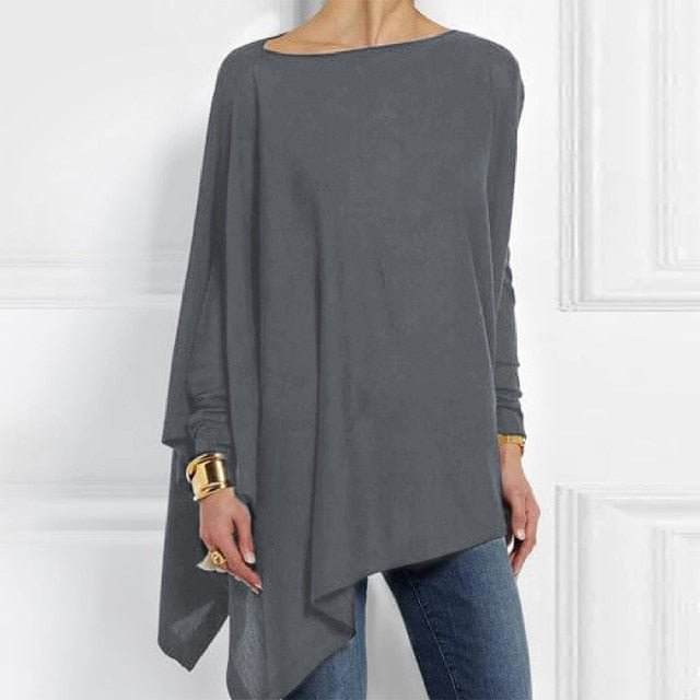 O-Neck Asymmetrical Long Sleeve Cotton-Poly Blend Tunic Top - My She Shop