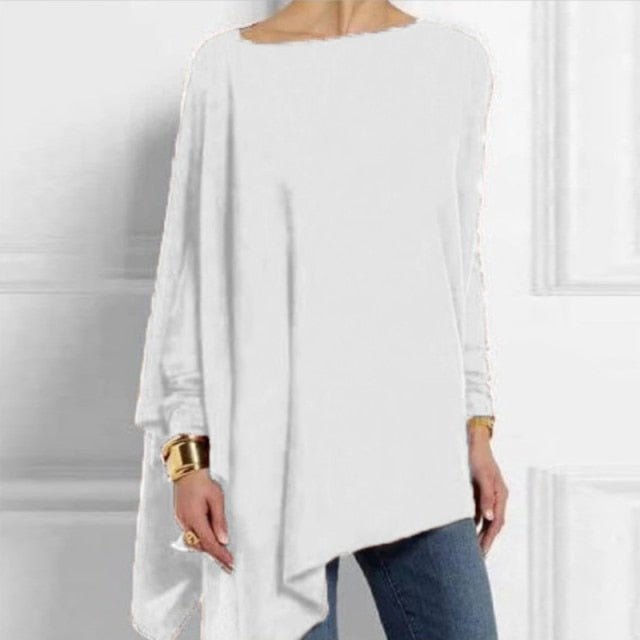 O-Neck Asymmetrical Long Sleeve Cotton-Poly Blend Tunic Top - My She Shop