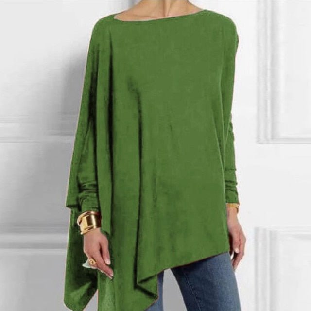 O-Neck Asymmetrical Long Sleeve Cotton-Poly Blend Tunic Top - My She Shop