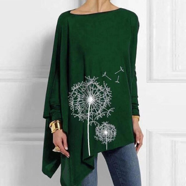 O-Neck Asymmetrical Long Sleeve Cotton-Poly Blend Tunic Top - My She Shop