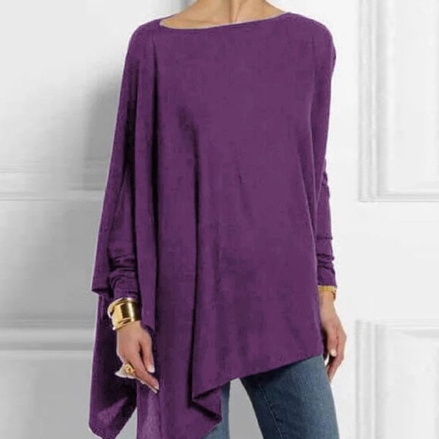 O-Neck Asymmetrical Long Sleeve Cotton-Poly Blend Tunic Top - My She Shop