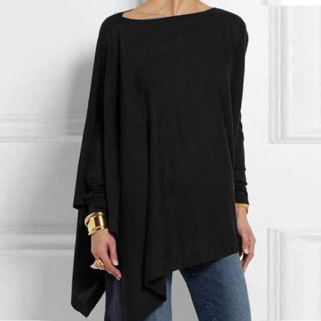 O-Neck Asymmetrical Long Sleeve Cotton-Poly Blend Tunic Top - My She Shop