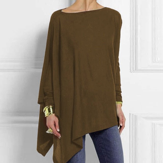 O-Neck Asymmetrical Long Sleeve Cotton-Poly Blend Tunic Top - My She Shop