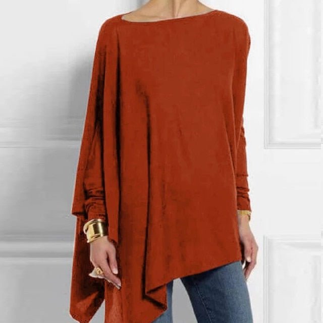 O-Neck Asymmetrical Long Sleeve Cotton-Poly Blend Tunic Top - My She Shop