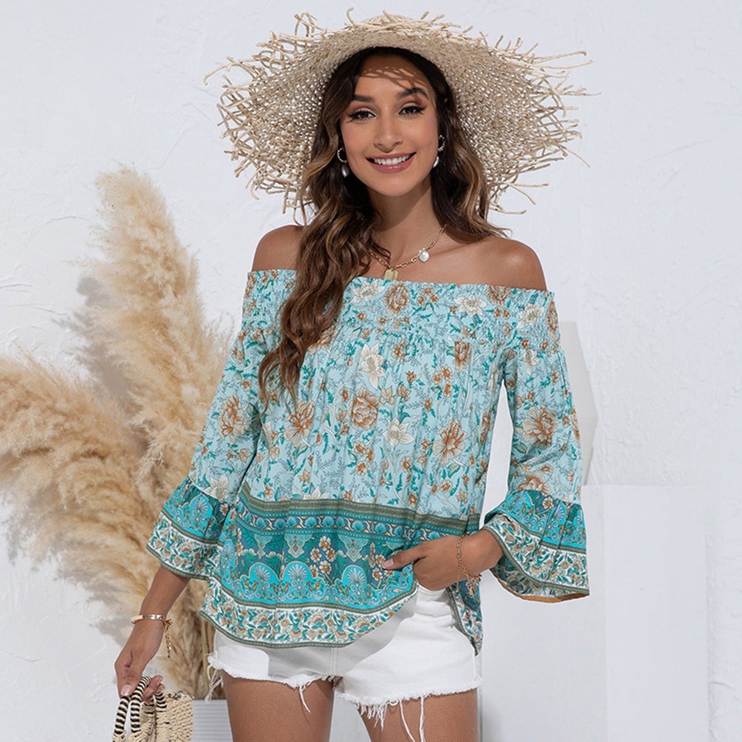 Off Shoulder Flare Sleeve Boho Loose Top - My She Shop