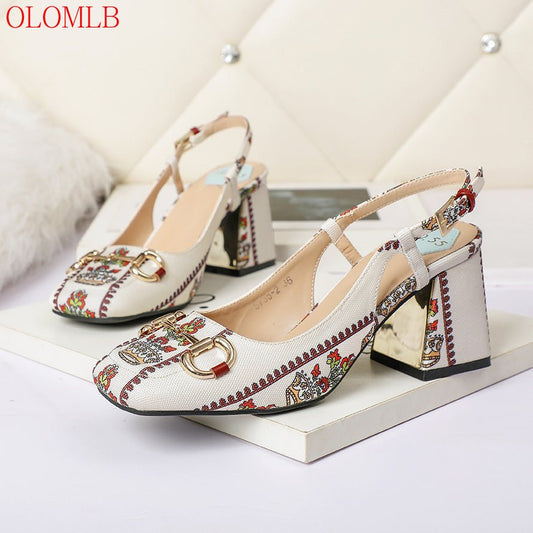 OLOMLB Square Toe Thick Heel Slingback Shoes - My She Shop