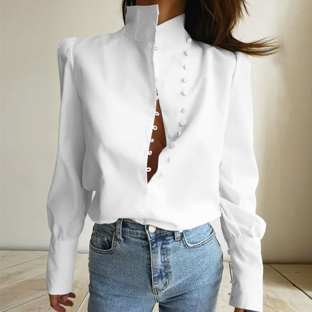 OOTN Elegant Poly Blend Long Sleeve Puff Shoulder Button Down Shirt - My She Shop