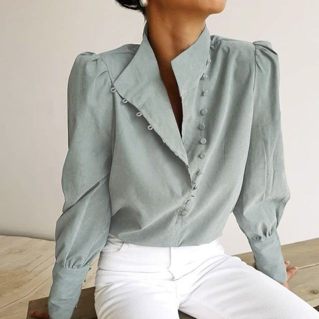 OOTN Elegant Poly Blend Long Sleeve Puff Shoulder Button Down Shirt - My She Shop