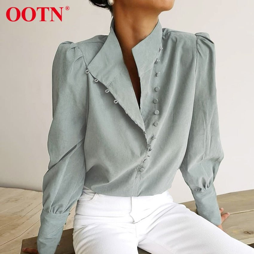 OOTN Elegant Poly Blend Long Sleeve Puff Shoulder Button Down Shirt - My She Shop