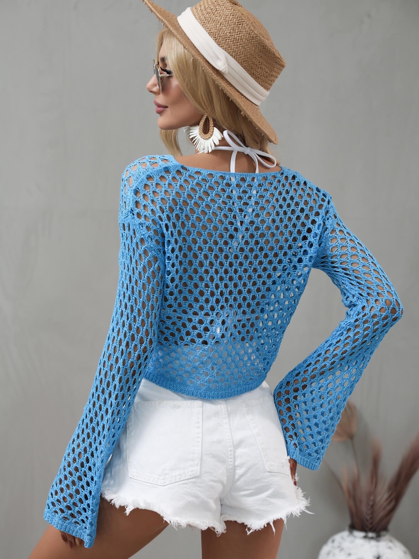 Openwork Flare Sleeve Cropped Cover Up - My She Shop