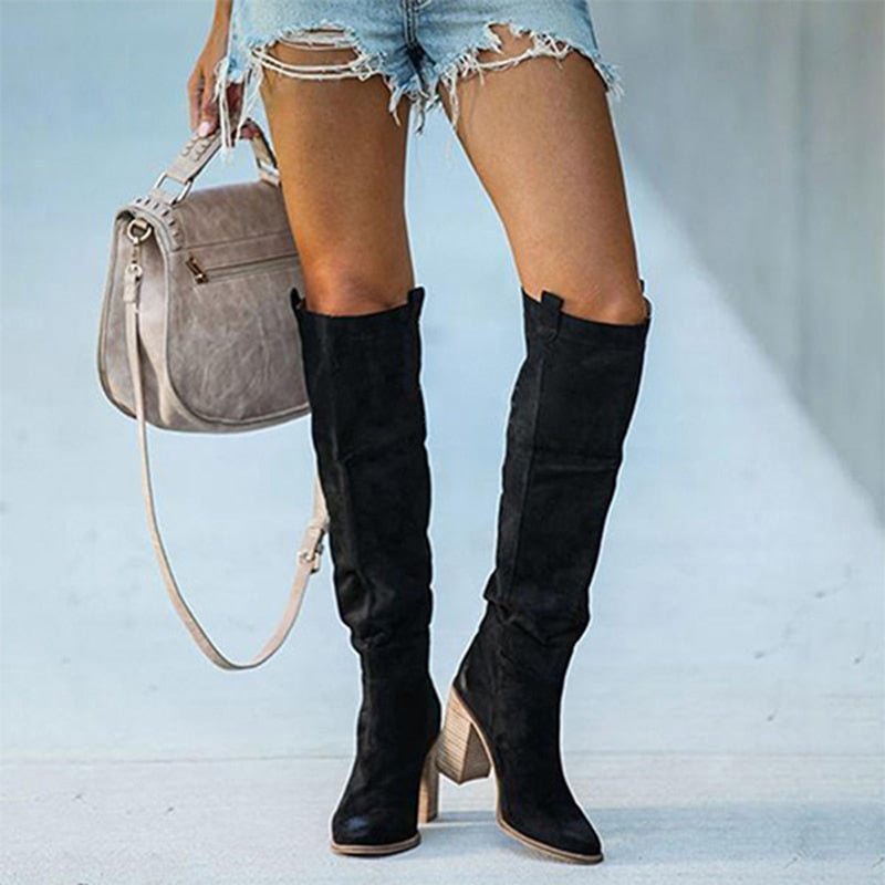 OWNERSHIP Square Heel Faux Suede Knee Boots Shoes - My She Shop