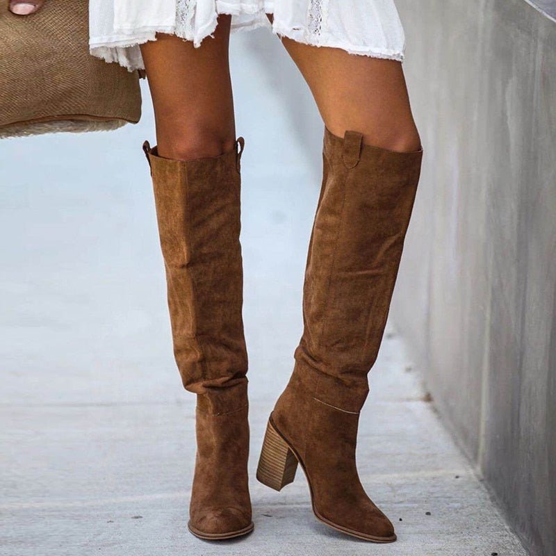 OWNERSHIP Square Heel Faux Suede Knee Boots Shoes - My She Shop