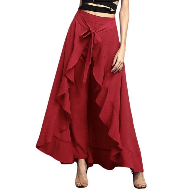 Palazzo Ruffle Chiffon Drawstring High Waist Pants - My She Shop