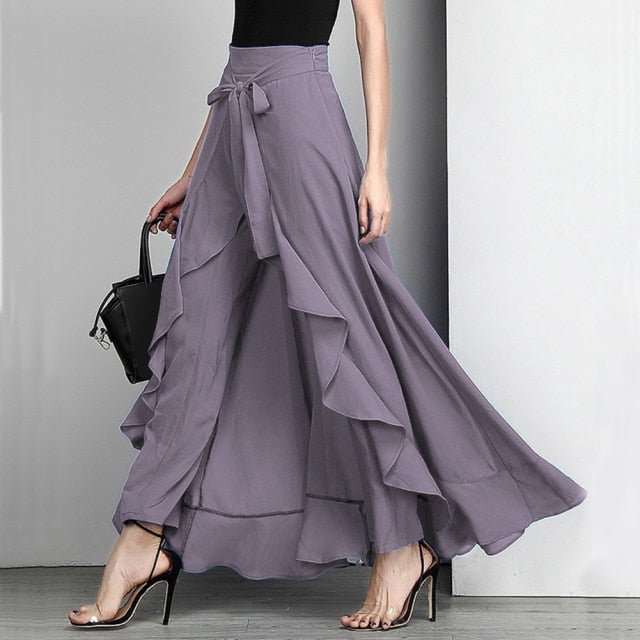 Palazzo Ruffle Chiffon Drawstring High Waist Pants - My She Shop