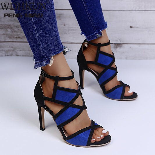 Peep Toe Patchwork Thin High Heel Ankle Buckle Sandal Shoes - My She Shop