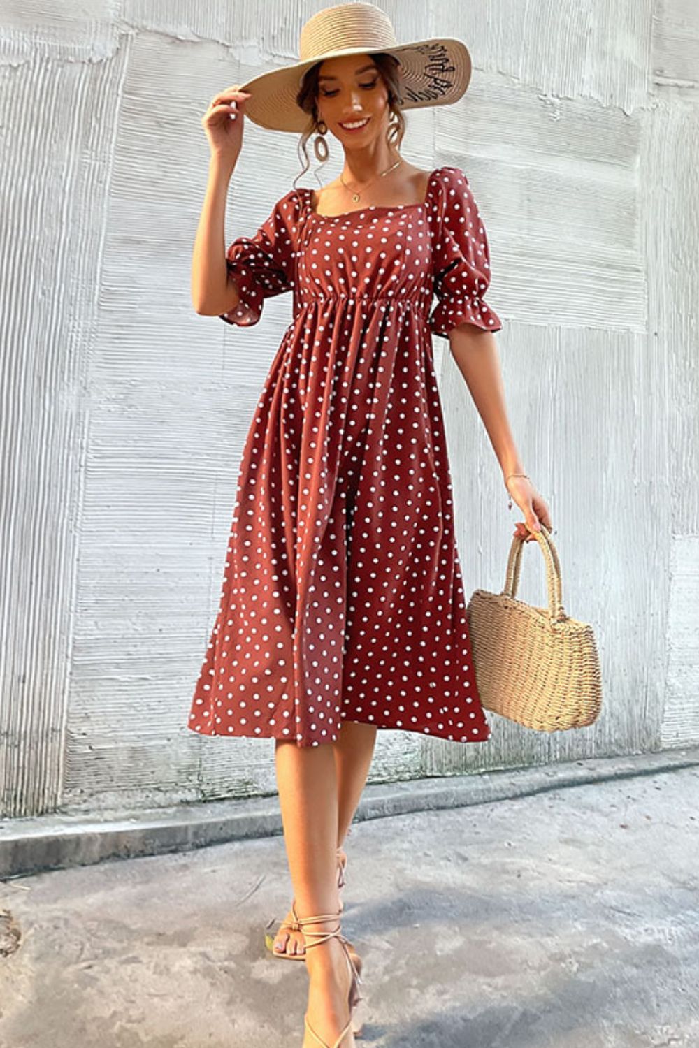 Polka Dot Square Neck Flounce Sleeve Dress - My She Shop