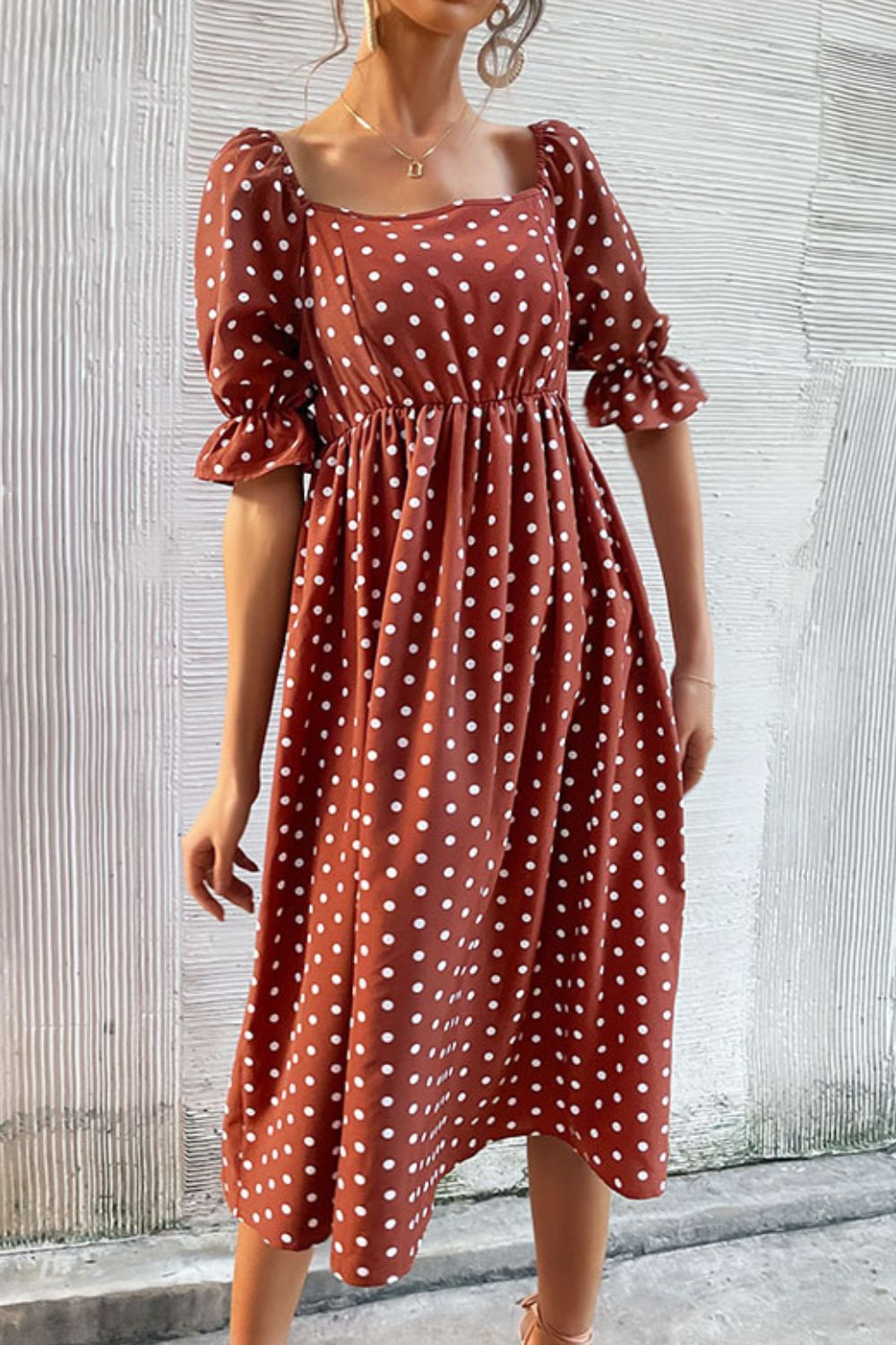 Polka Dot Square Neck Flounce Sleeve Dress - My She Shop