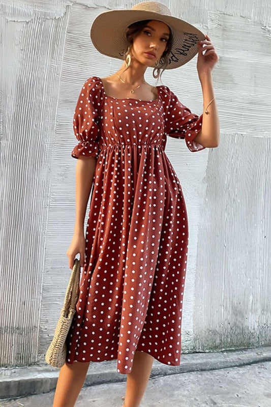 Polka Dot Square Neck Flounce Sleeve Dress - My She Shop