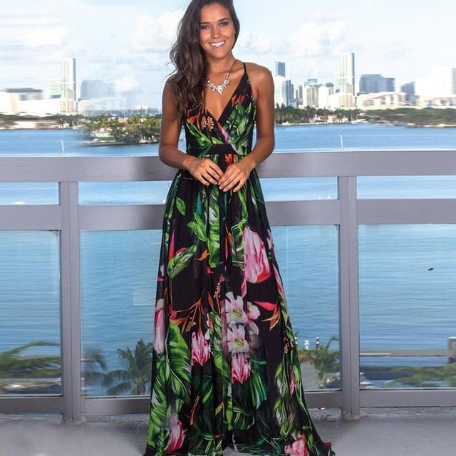 Pretty Prints V-Neck Sleeveless Empire Waste Slit Maxi Dress - My She Shop