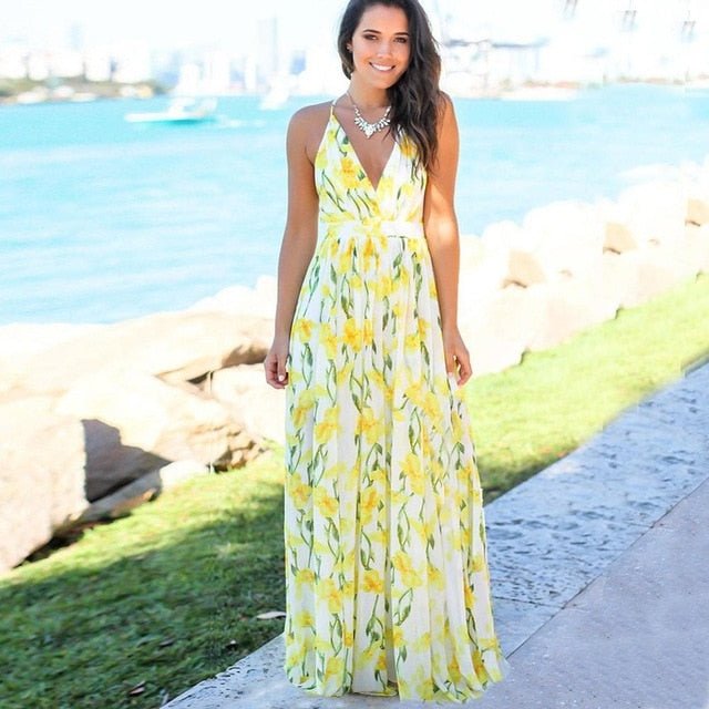 Pretty Prints V-Neck Sleeveless Empire Waste Slit Maxi Dress - My She Shop