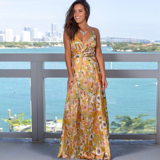 Pretty Prints V-Neck Sleeveless Empire Waste Slit Maxi Dress - My She Shop