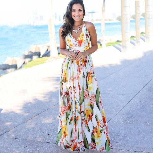 Pretty Prints V-Neck Sleeveless Empire Waste Slit Maxi Dress - My She Shop