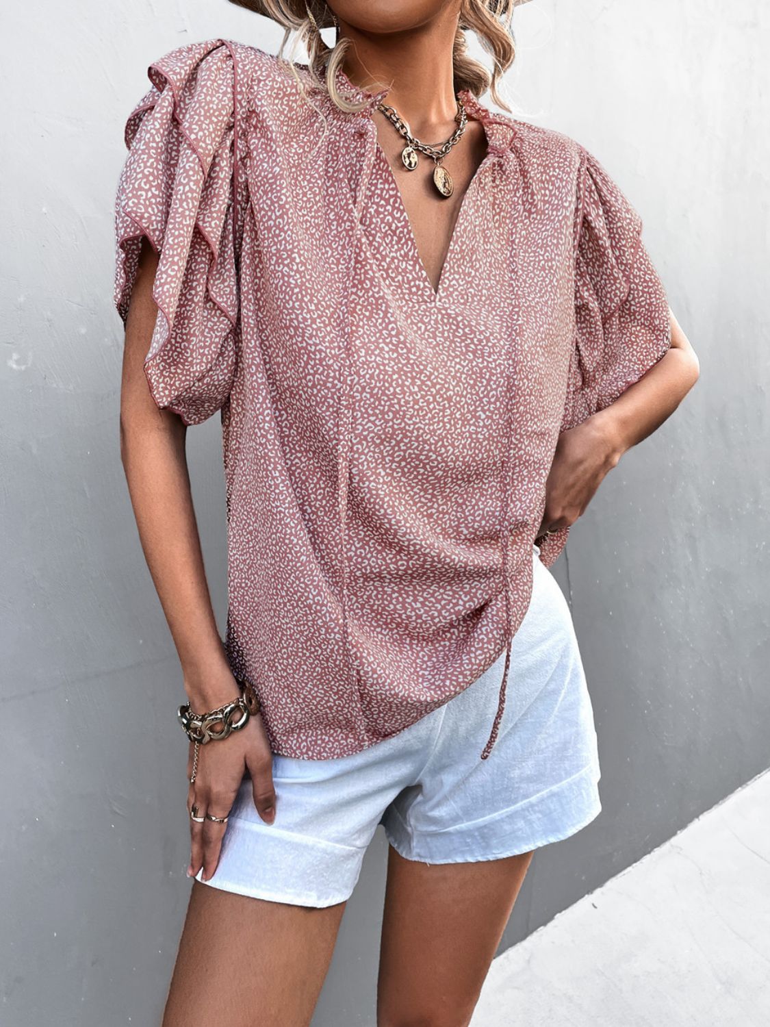 Printed Flutter Sleeve V-Neck Top - My She Shop