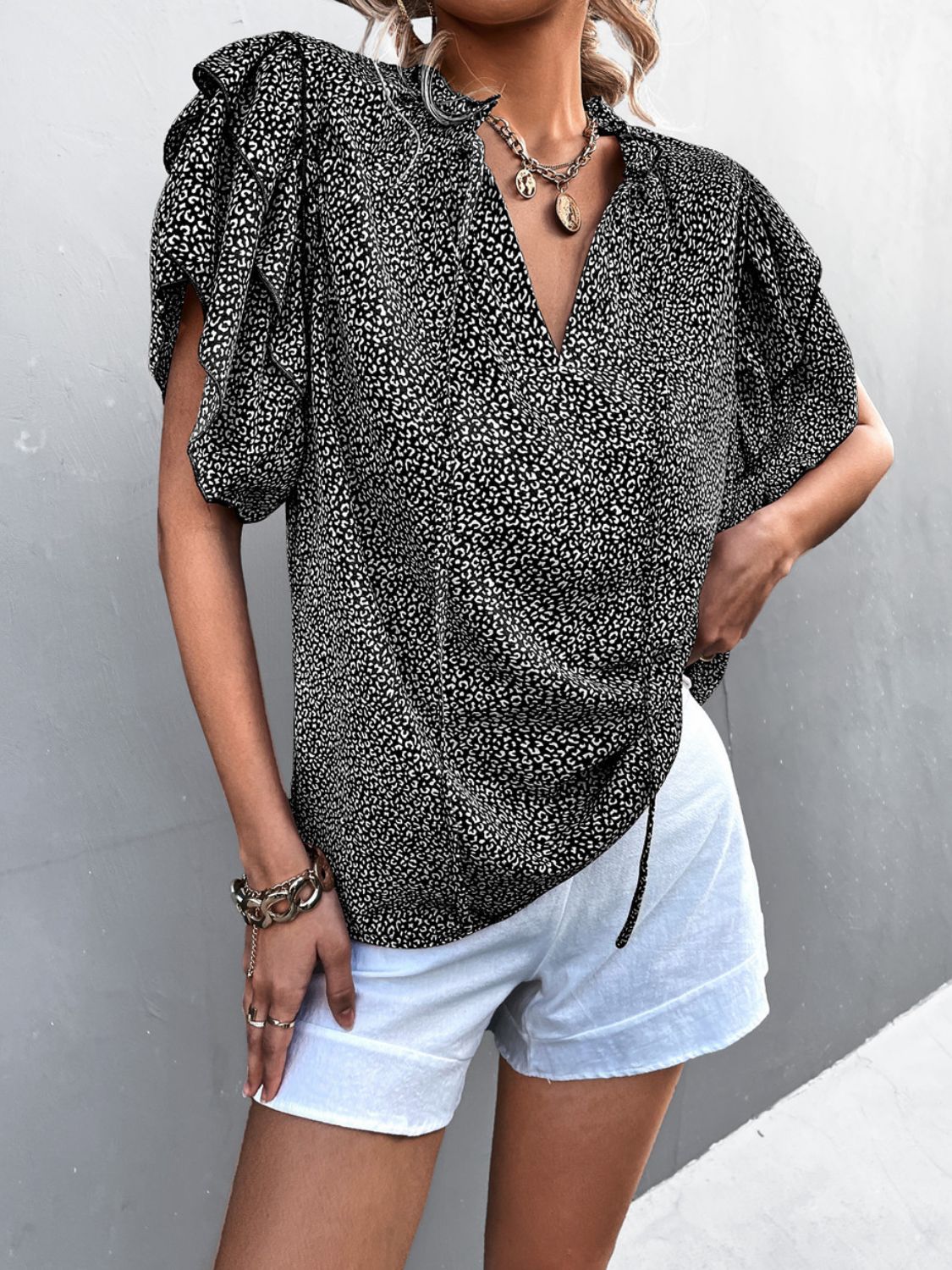 Printed Flutter Sleeve V-Neck Top - My She Shop