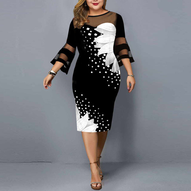 Plus Size Dress Women Evening Party 2021 Midi Elegant Mesh Lace Print Floral Casual Black Vintage Knitted Clothing 4xl 5xl 6xl - My She Shop