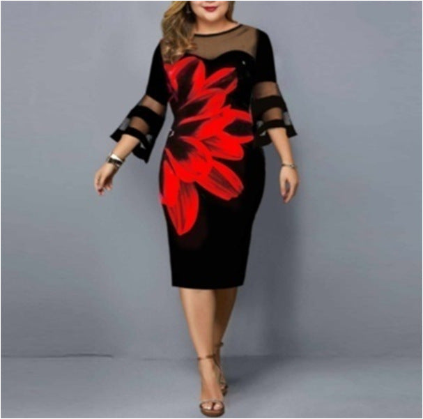 Plus Size Dress Women Evening Party 2021 Midi Elegant Mesh Lace Print Floral Casual Black Vintage Knitted Clothing 4xl 5xl 6xl - My She Shop