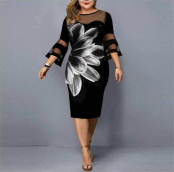 Plus Size Dress Women Evening Party 2021 Midi Elegant Mesh Lace Print Floral Casual Black Vintage Knitted Clothing 4xl 5xl 6xl - My She Shop