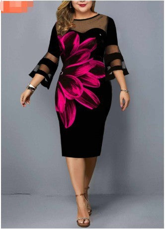 Plus Size Dress Women Evening Party 2021 Midi Elegant Mesh Lace Print Floral Casual Black Vintage Knitted Clothing 4xl 5xl 6xl - My She Shop