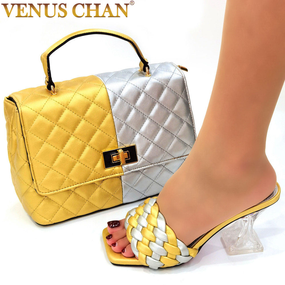 Venus Chan 2021 New Summer Design Weave Square Toe Heels High Quality Slippers Gladiator Beach Womens Sandal Shoes and Bag Set - My She Shop