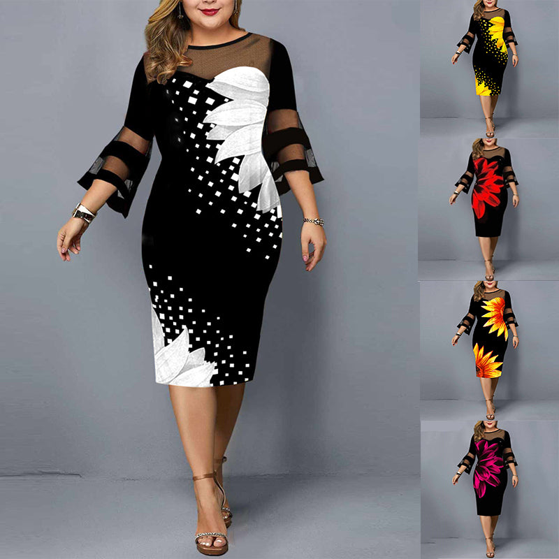 Plus Size Dress Women Evening Party 2021 Midi Elegant Mesh Lace Print Floral Casual Black Vintage Knitted Clothing 4xl 5xl 6xl - My She Shop