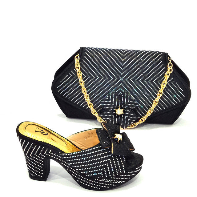 Latest African Matching Shoes and Bag in Black Color High Quality Italian with Shinning Crystal African Lady Shoes and Bag - My She Shop