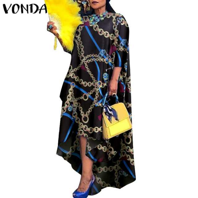 Women Dress 2022 VONDA Vintage Printed Asymmetric Party Long Maxi Dress Femme Robe Beach Sundress Casual Vestido Plus Size Robe - My She Shop