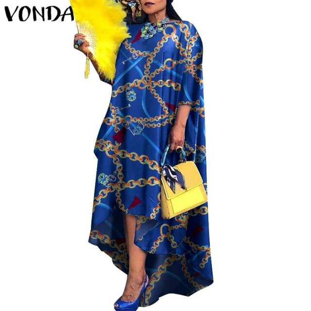 Women Dress 2022 VONDA Vintage Printed Asymmetric Party Long Maxi Dress Femme Robe Beach Sundress Casual Vestido Plus Size Robe - My She Shop